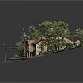 Cartoon Scene Featuring Yellow House Red Roof Surrounding Green Trees And Dirt Pathway