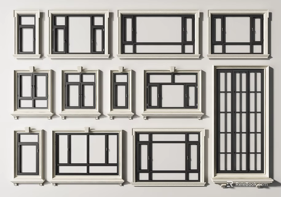 Various Window Frame Designs With Different Styles And Patterns On 3d model