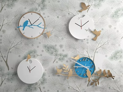 Decorative Wall Clocks With Bird And Branch Decorations On Patterned Wallpaper Background 3d model