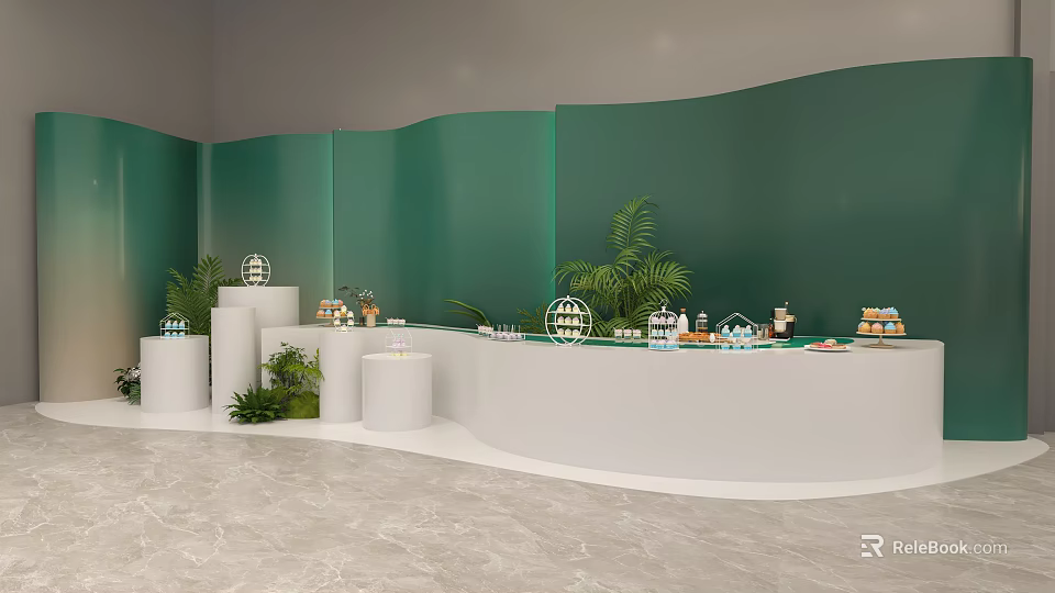 Tea Break Area With Green Walls White Curved Counter Plants Drinks And Snacks 3d model 