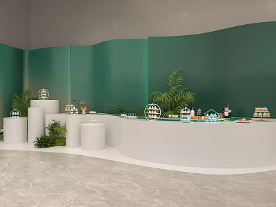 Tea Break Area With Green Walls White Curved Counter Plants Drinks And Snacks 3d model