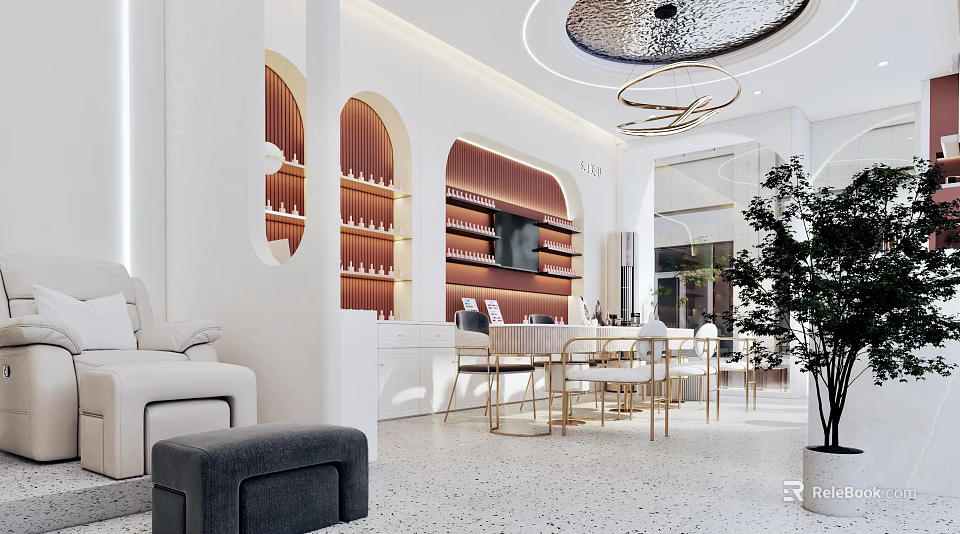 Stylish Modern Beauty Hair Salon Interior With Gold Chairs Mirrors And Product Shelves 3d model 