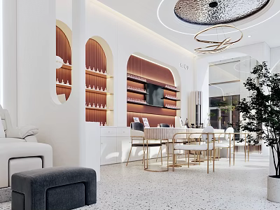 Stylish Modern Beauty Hair Salon Interior With Gold Chairs Mirrors And Product Shelves 3d model