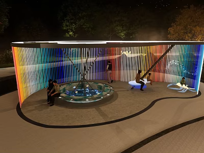 Night Scene With Colorful Striped Curved Structure Circular Water Pool People Sitting Standing And Trees 3d model