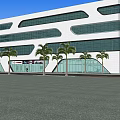 Modern Building Exterior Design With Glass Curtain Wall Front Lawn And Parked Cars