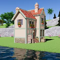 Cartoon House With Red Tiled Roof Chimney Palm Trees Green Lawn And Blue Sky
