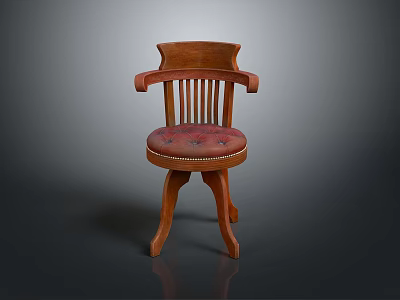Classic Wooden Chair With Curved Arms Vertical Slat Back Red Tufted Seat And Three Legs 3d model