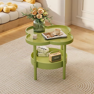 Stylish Green Side Table with Petal Shaped Top Two Tier Design Vase and Coffee Cup 3d model