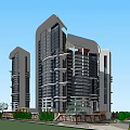 Modern Style High Rise Buildings With Glass Curtain Walls And Ground Floor Shops