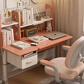 Light Pink Desk and Chair Set with Bookshelf Laptop Books and Stationery for Home Study