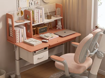 Light Pink Desk and Chair Set with Bookshelf Laptop Books and Stationery for Home Study 3d model