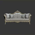 Classic Carved Two Seater Sofa with Golden Accents Light Gray Tufted Upholstery and Throw Pillows