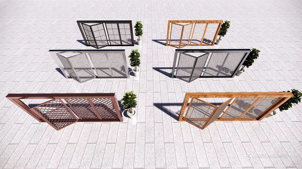 Various Design Folding Doors with Wooden Frames and Metal Grilles for Outdoor Areas 3d model 