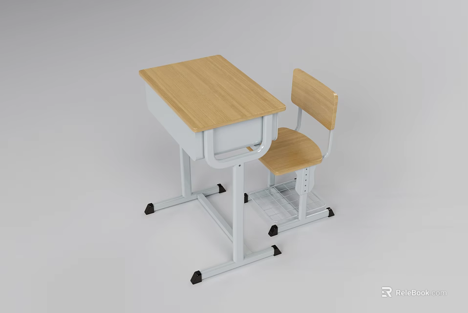 Light Wood Top Desk With White Metal Legs Black Casters And Matching Wooden Chair 3d model 