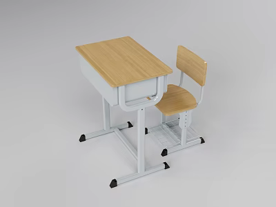 Light Wood Top Desk With White Metal Legs Black Casters And Matching Wooden Chair 3d model