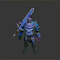 3D Fantasy Warrior Character With Intricate Blue Armor Holding Ornate Blue Sword Standing Pose