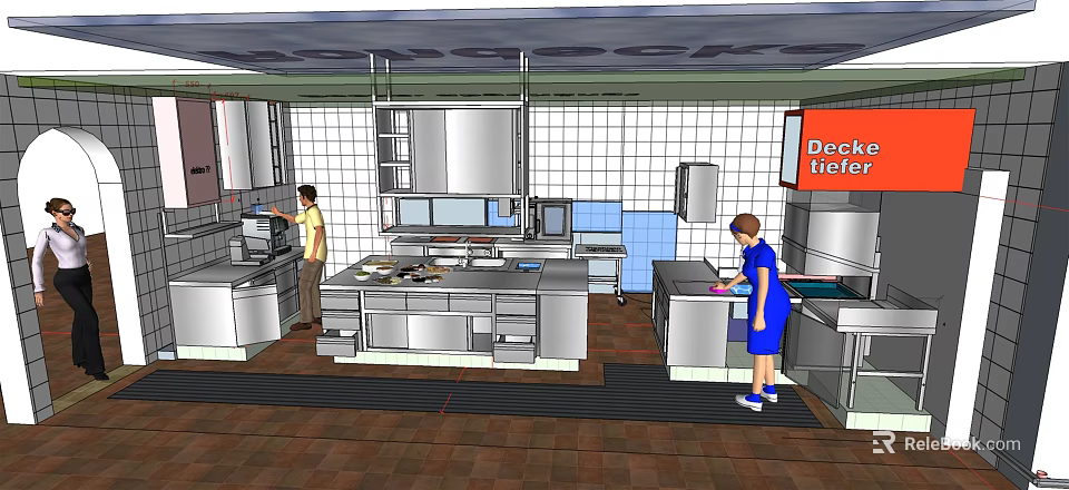 Commercial Kitchen Featuring Stainless Steel Workstations Tile Walls And Staff Working 3d model 