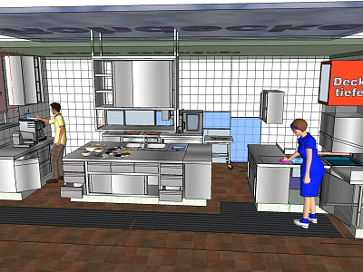 Commercial Kitchen Featuring Stainless Steel Workstations Tile Walls And Staff Working 3d model