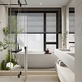 Modern Bathroom Design With Freestanding Bathtub Double Sinks Large Mirror Marble Accent Wall And Plants