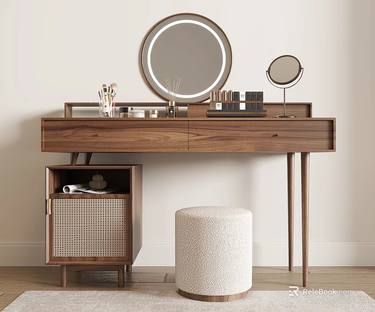 Walnut Wood Dressing Table With Round Lighted Mirror And White Textured Stool 3d model 