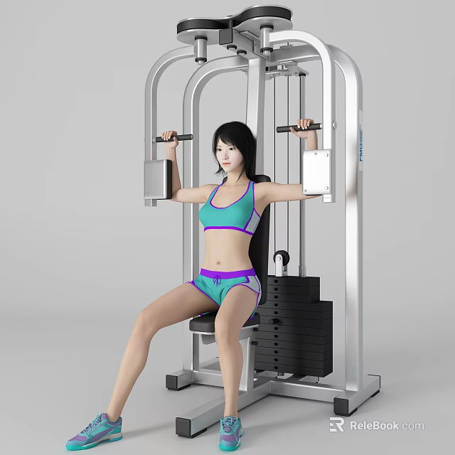 Woman Exercising On Shoulder Press Fitness Machine In Sportswear With Weight Stack 3d model 