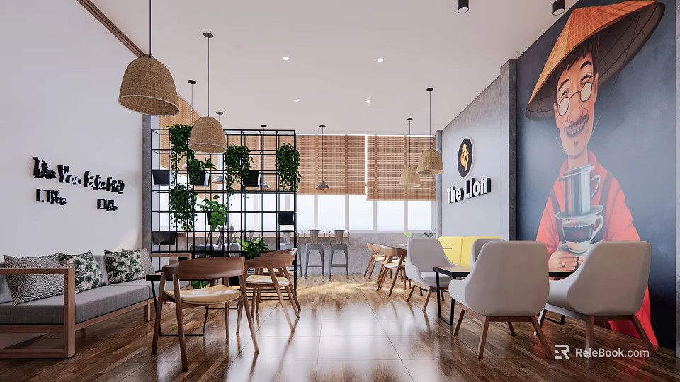 Restaurant Interior With Rattan Pendant Lights Green Plants And Cartoon Mural 3d model 