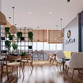 Restaurant Interior With Rattan Pendant Lights Green Plants And Cartoon Mural