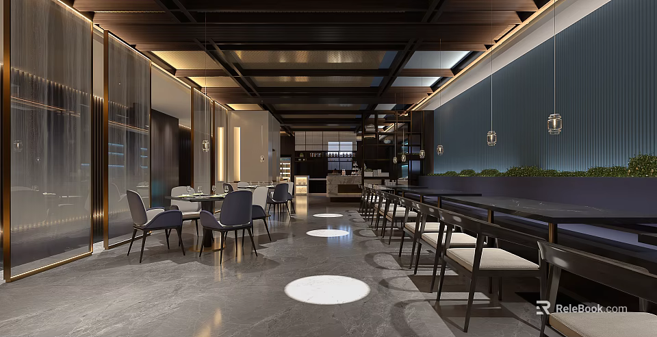 Luxurious Modern Open Restaurant Interior With Pendant Lights Tables Chairs Green Plants And Marble Floors 3d model 