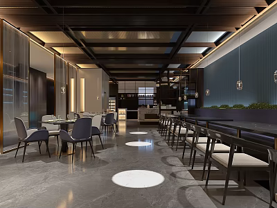 Luxurious Modern Open Restaurant Interior With Pendant Lights Tables Chairs Green Plants And Marble Floors 3d model