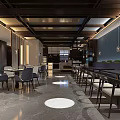 Luxurious Modern Open Restaurant Interior With Pendant Lights Tables Chairs Green Plants And Marble Floors