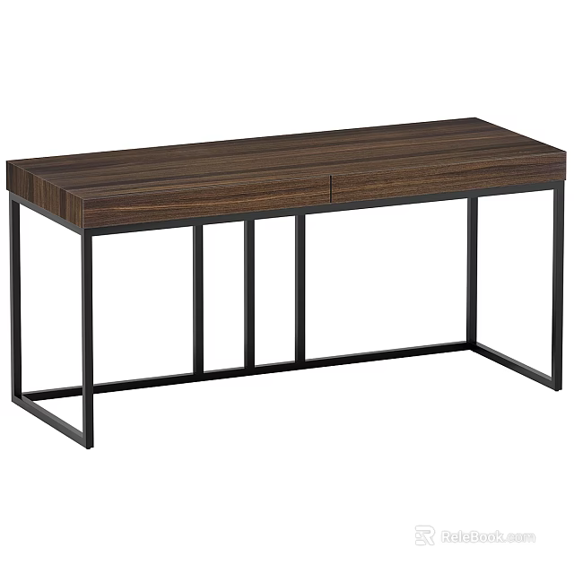 Modern Wooden Desk With Walnut Tabletop And Black Metal Frame Structure 3d model 