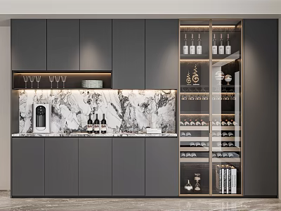 Modern Wine Cabinet With Glass Door Wine Bottles Glasses Gray Cabinets And Marble Countertop 3d model