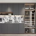 Modern Wine Cabinet With Glass Door Wine Bottles Glasses Gray Cabinets And Marble Countertop