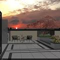 Serene Terrace Garden Landscape With Sunset Sky Pink Tree Chairs Table And Water Feature