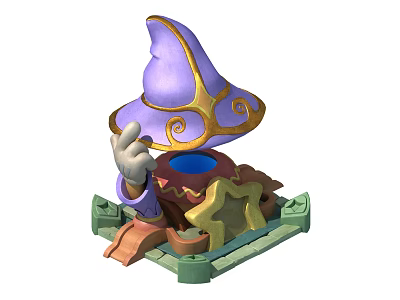 Purple Wizard Hat With Golden Swirls And Hand Emerging From Star Shaped Base 3d model