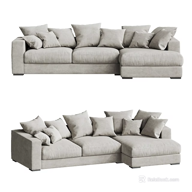 Light Gray Sectional Sofa With Multiple Soft Cushions And Upholstered Fabric Design 3d model