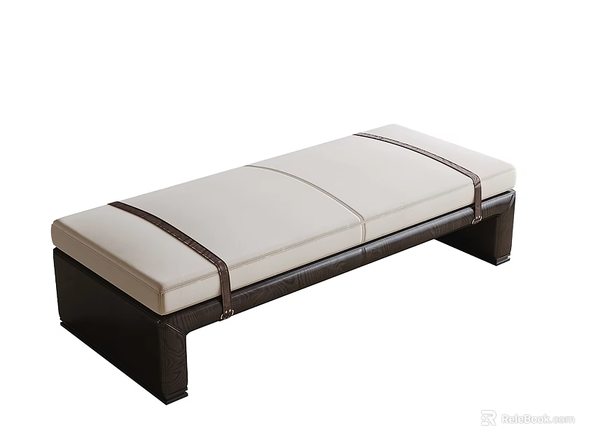 Modern Bed Bench With Beige Cushion And Black Frame Decorative Straps 3d model