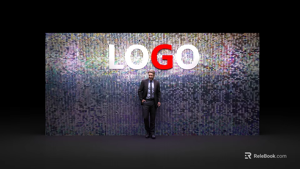 Background Wall Featuring White Red LOGO And Colorful Pixel Design With Man in Suit 3d model