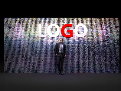 Background Wall Featuring White Red LOGO And Colorful Pixel Design With Man in Suit 3d model