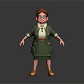 3D Cartoon Character in Green Uniform with Brown Hair Glasses and Yellow Shoes