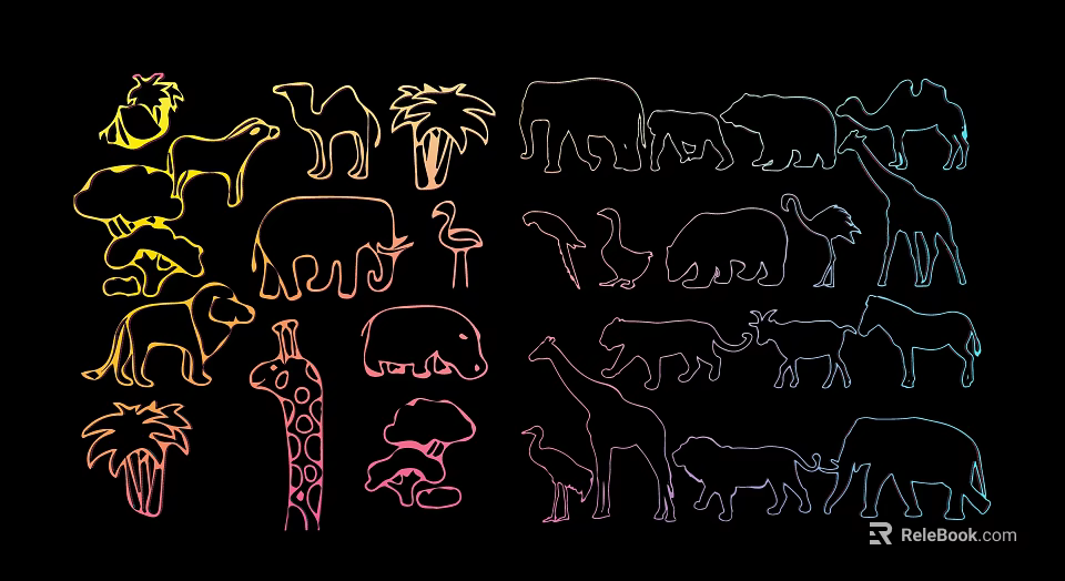 Colorful Animal Silhouette Decorative Hanging With Camel Elephant Giraffe Lion Palm Tree Black Background 3d model 