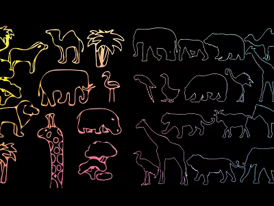 Colorful Animal Silhouette Decorative Hanging With Camel Elephant Giraffe Lion Palm Tree Black Background 3d model
