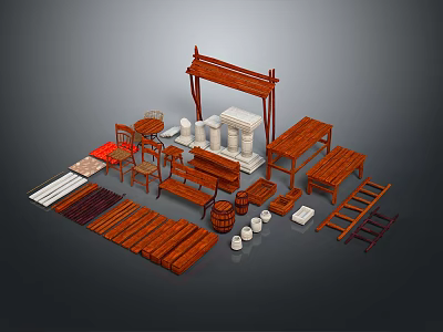 Traditional Chinese Wooden Furniture Components With Tables Chairs Shelves Ladders Barrels And Planks 3d model