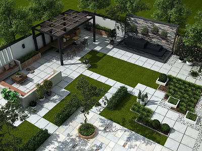 Modern Garden Landscape With Lush Lawn Stone Pathways And Pergola Seating Area 3d model