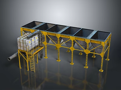 Yellow Heavy Duty Industrial Equipment Structure with Steel Support Frames Platform Ladder and Pipe Connections 3d model