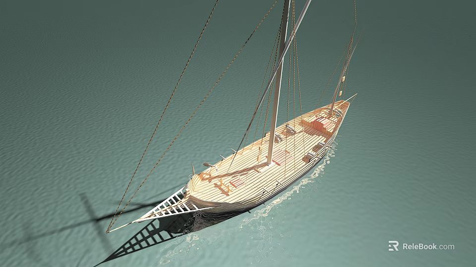 Wooden Sailing Boat on Calm Water Surface with Open Deck and Classic Hull Design 3d model 