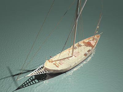 Wooden Sailing Boat on Calm Water Surface with Open Deck and Classic Hull Design 3d model