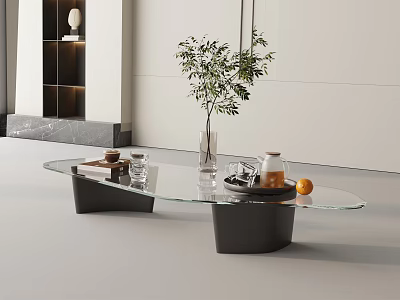 Modern Sofa and Coffee Table Set with Glass Top Black Base Green Plant and Fruits 3d model