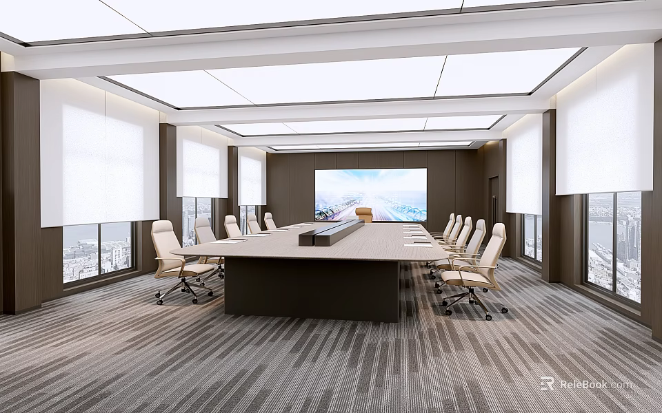 Modern Conference Room Interior With Long Table Large Screen Windows And Comfortable Chairs 3d model