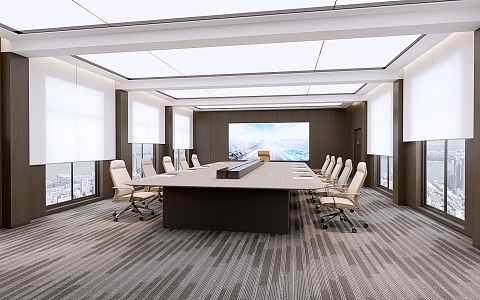 Conference table and chair combination in large conference room 3d model